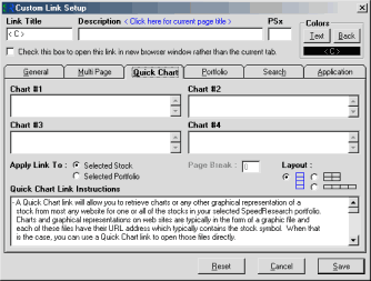 Custom stock research link setup window.